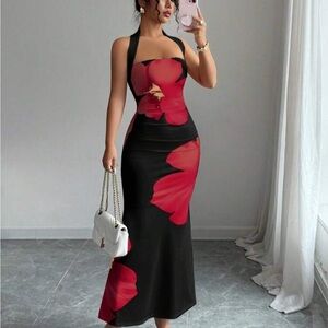 Elegant Black and Red Floral Maxi Dress
